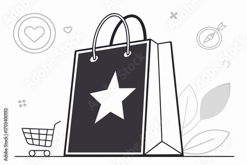 Shopping bag with star and icons.