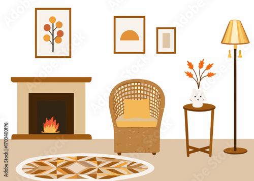 Cozy living room scene with fireplace and wicker chair