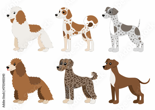 Collection of six different cartoon dog breeds with unique coat patterns