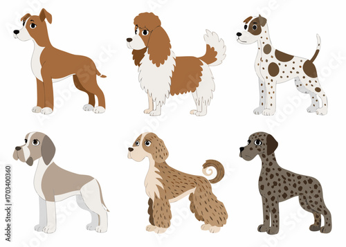 Collection of six different cartoon dog breeds standing against a white background