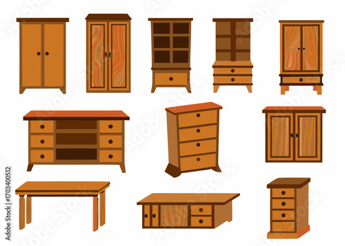 Collection of wooden furniture items including cabinets drawers and tables