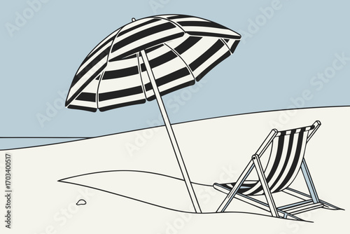 Striped Beach Umbrella and Deck Chair on Sandy Shore.