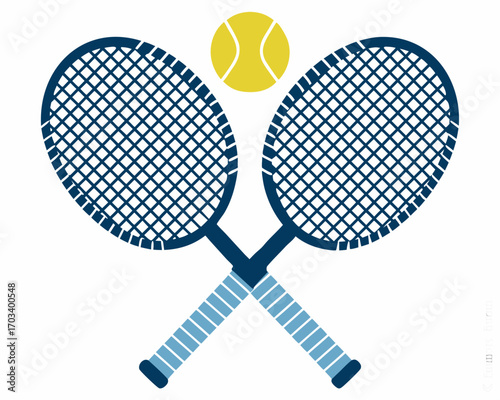 Two crossed tennis rackets and a tennis ball graphic