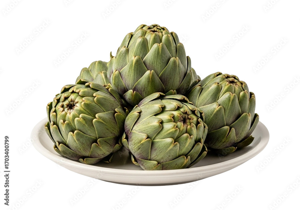Obraz premium Fresh artichokes in a white bowl isolated on transparent background