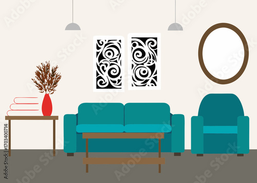 Modern living room with teal sofa and armchair and decorative wall art