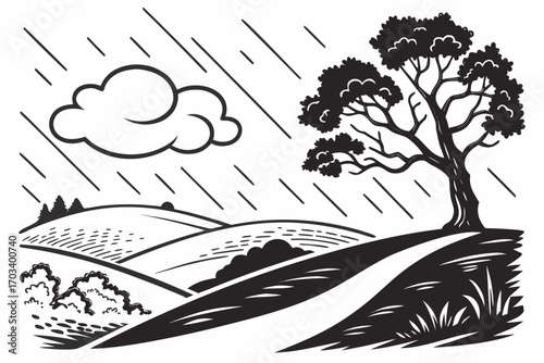 Stylized Black and White Rural Landscape with Rain.