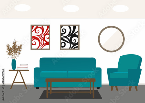 Modern living room with teal sofa armchair and abstract art