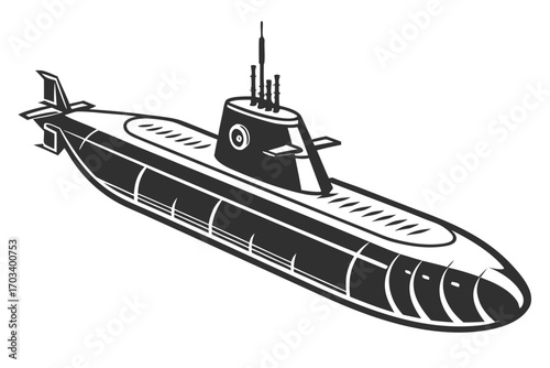 Stylized Black and White Submarine Illustration.