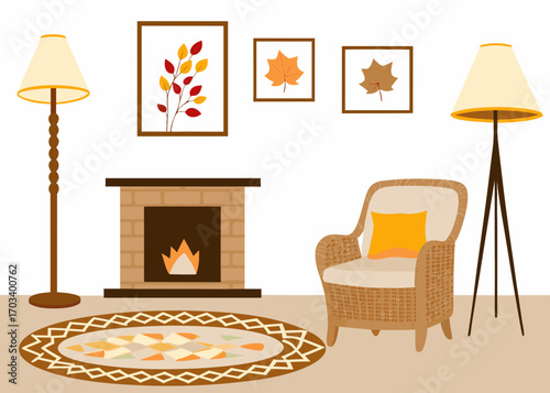Cozy autumn living room scene with fireplace and armchair