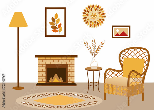 Cozy living room scene with fireplace armchair and autumn decor