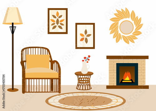 Cozy living room scene with fireplace and armchair
