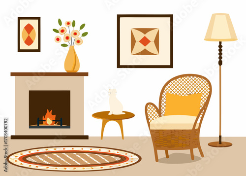 Cozy living room scene with fireplace armchair cat and lamp