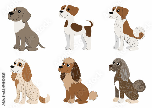 Collection of six cute cartoon dogs of different breeds and colors