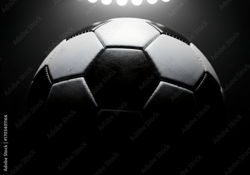 Fototapeta premium Dynamic Soccer Ball Spotlight Scene – High Contrast Stadium Lighting, Long Shadow Effect, Modern Digital Art for International Football Poster, Banner and Sports Promotion Design