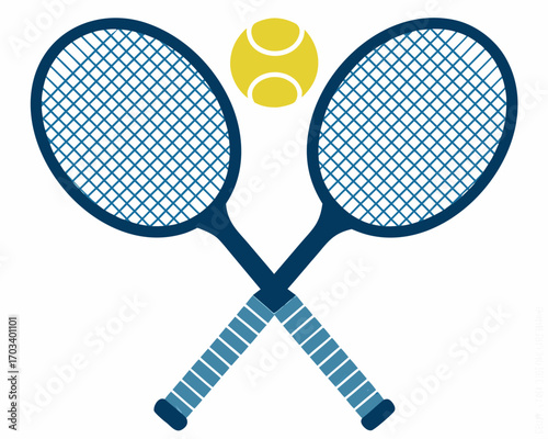 Two crossed tennis rackets and a tennis ball
