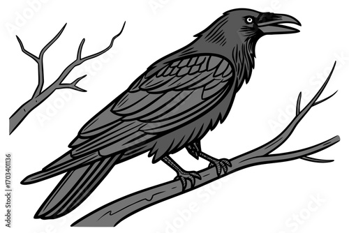 Stylized Raven Perched on Bare Branch.