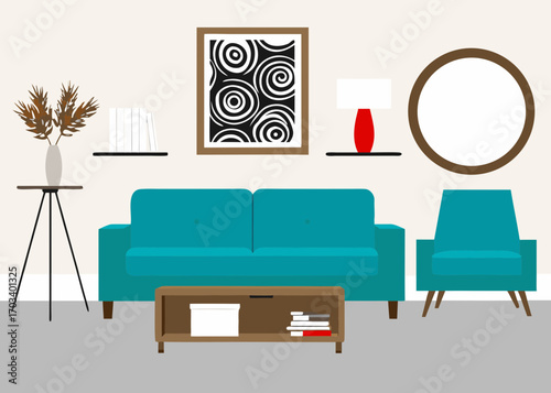 Modern living room interior with teal sofa and armchair