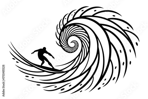 Surfer Riding Stylized Black Wave.