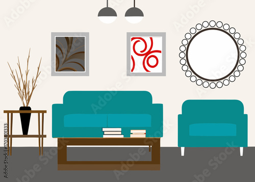 Modern living room interior with teal sofas and abstract art