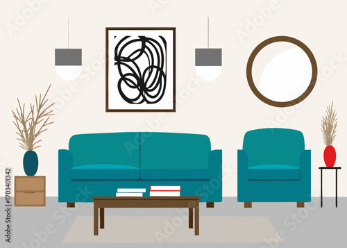 Modern living room with teal sofa and armchair