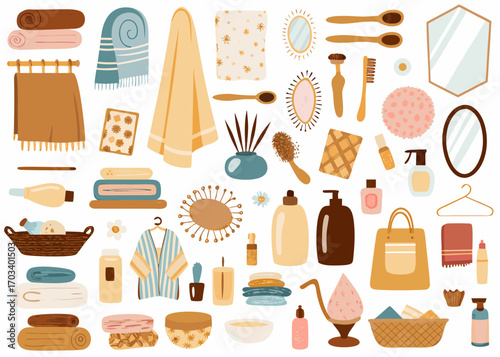 Collection of bathroom and spa items in a flat illustration style