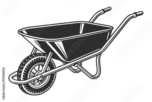 Vintage Black and White Wheelbarrow Illustration.
