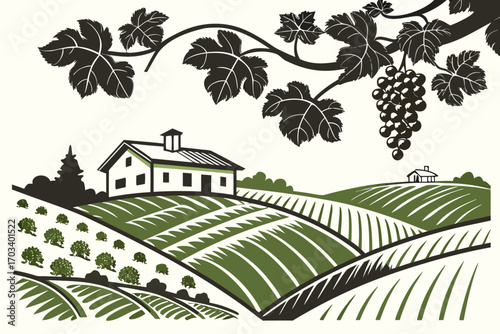 Vineyard landscape with farmhouse and grapevines.