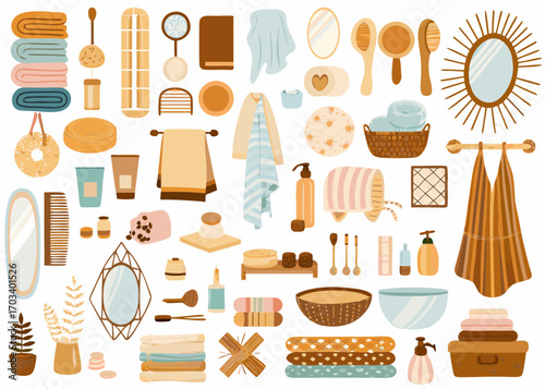 Collection of bathroom accessories and spa items in earthy tones