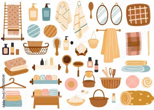 Collection of bathroom accessories and textiles in a flat design style