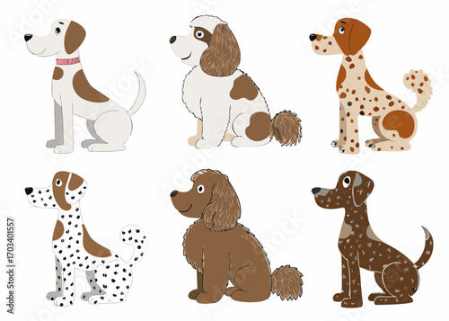 Collection of six adorable cartoon dogs in different breeds and patterns