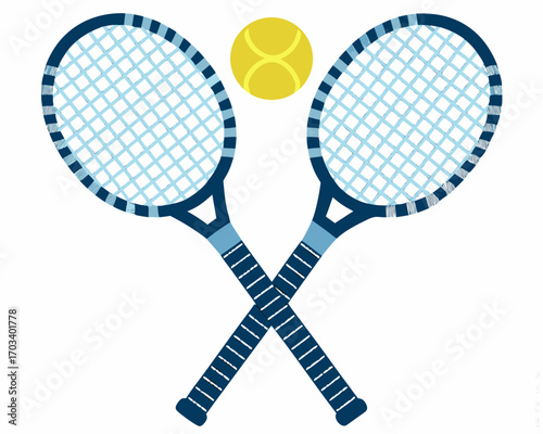 Two crossed tennis rackets and a tennis ball on a white background