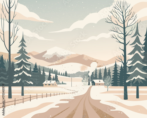 Cozy winter landscape with snow covered mountains and houses