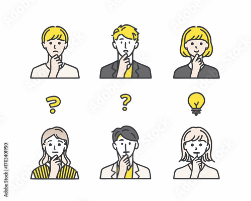 Diverse people thinking with question marks and a lightbulb