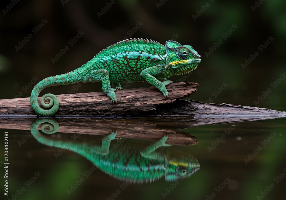 Fototapeta premium Emerald Chameleon: Reflection of the Wild