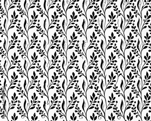 Seamless black and white floral vine pattern with leaves and buds
