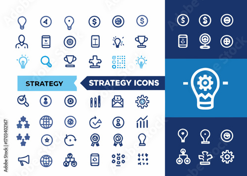 Collection of strategy and business icons in blue and white