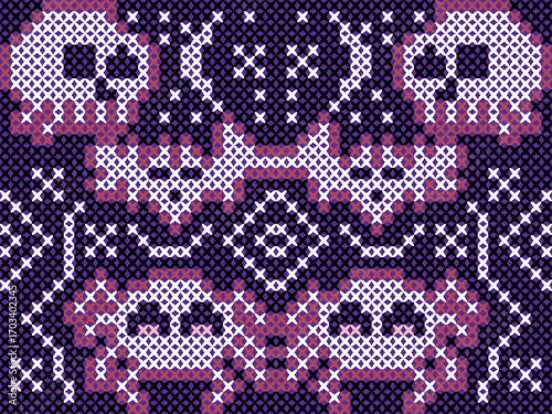 Repeating skulls, flying bats and tiny spiders rendered in an X-stitch grid. Playful yet macabre, the motifs float over a textured stitched ground for a bold, Halloween-inspired textile repeat.
