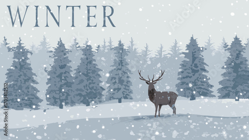 Majestic stag standing in a snowy forest landscape with winter text