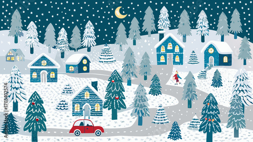 Charming winter village scene with snow covered houses and trees under a starry night sky