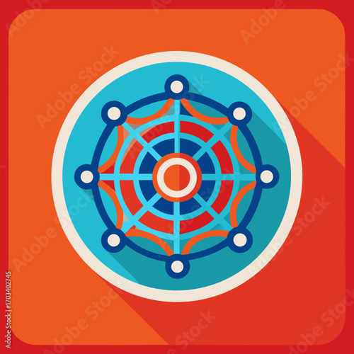 A vibrant dharma wheel illustration with intricate details and bright colors