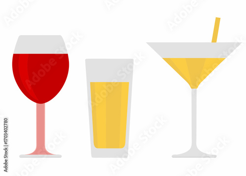 Three different types of alcoholic drinks in glasses on white background