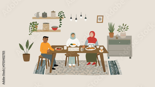 Diverse family enjoying a meal together around a dining table