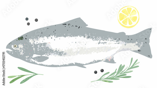 Salmon with lemon rosemary and peppercorns watercolor illustration