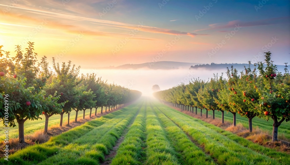 Fototapeta premium Golden morning sunlight illuminates a serene fruit tree orchard with perfectly aligned rows stretching towards a foggy horizon, showcasing the peaceful and idyllic beauty of farming and nature at dawn