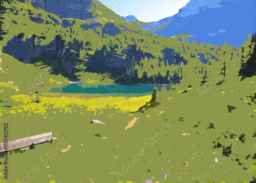 Serene mountain lake surrounded by lush green hills and rocky slopes