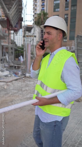 Male engineer in helmet and vest at construction site holding blueprints and talking on phone