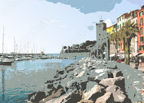 Coastal italian town harbor with colorful buildings and rocky shoreline