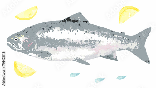 Watercolor illustration of a salmon with lemon slices and water droplets