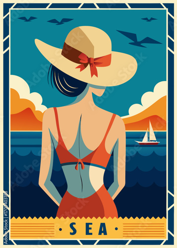 Woman in a hat enjoying the sea view on a summer day illustration
