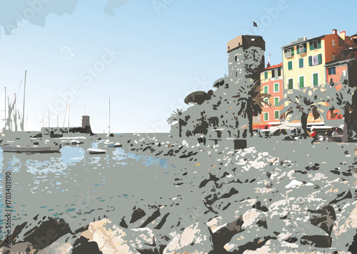 Coastal italian village with harbor and historic tower